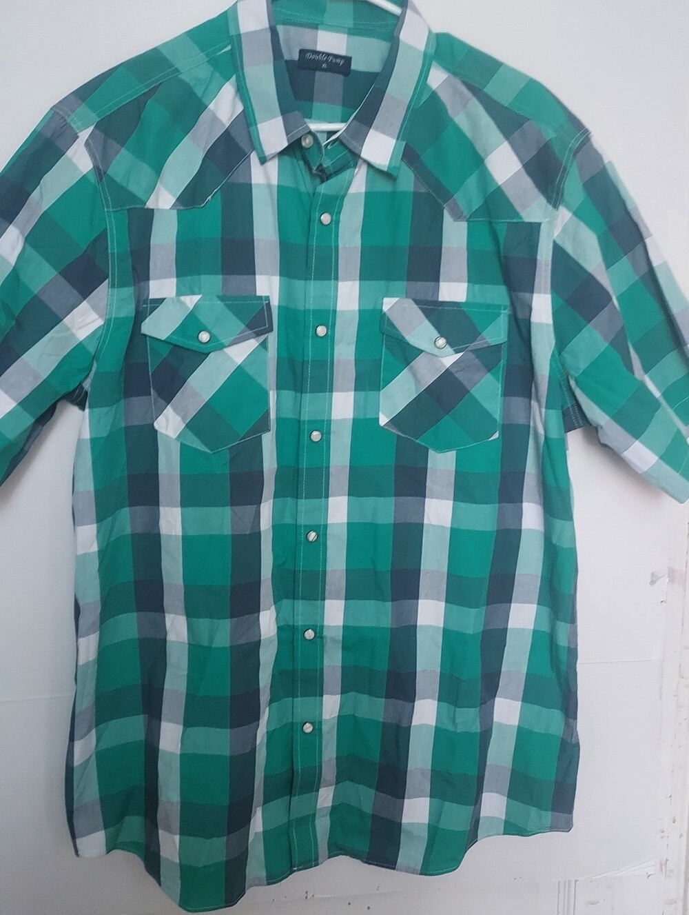 Double Pump Men's XL Western Pearl Snap Shirt Short Sleeve Green Plaid Cowboy